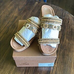 Aura Tan and Gold Sandals with Decorative Straps